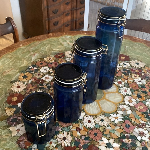 Kitchen Vintage Cobalt Blue Glass Canisters Set Of 4 Jars With Wire